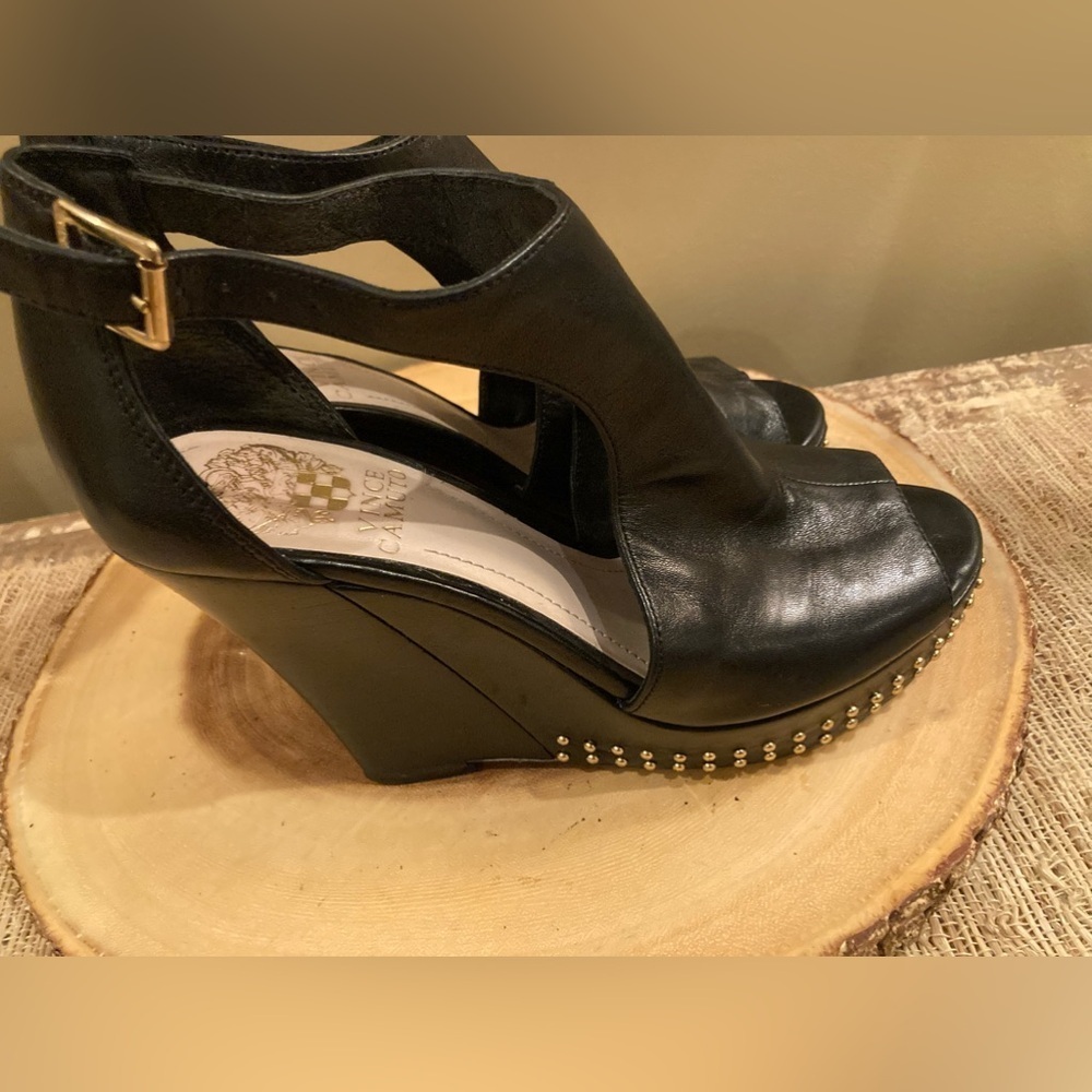 Vince Camuto Black Wedges with Gold Accents
